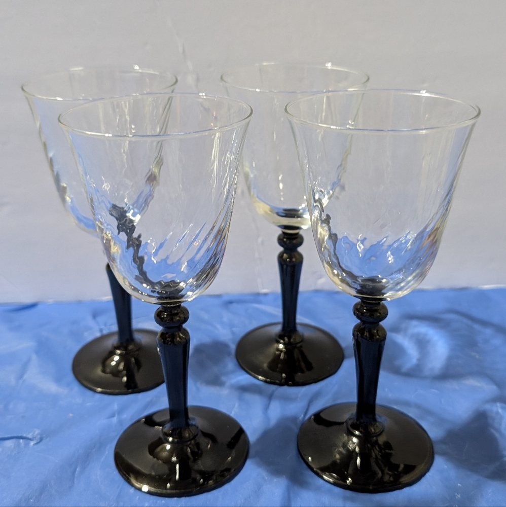 Vtg Luminarc Black Stem Clear Swirl Cordial Glasses France J.G Durand Set Of 4